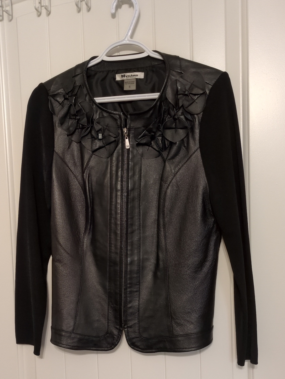 NY & Co. Black Leather-Front Jacket with Floral Trim